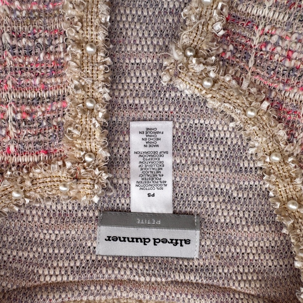 Alfred Dunner Magnolia Springs Tweed Cardigan Jacket Pink Multi Pearl Trim PS - Picture 7 of 10